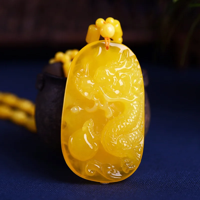 in chicken fat yellow, old carved dragon pendant, amber necklace for men and women, sweater chain, unenhance