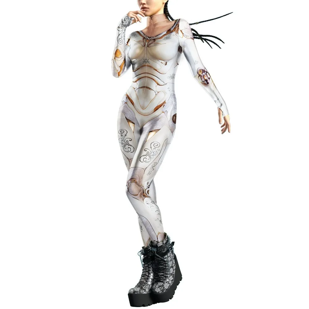 Sexy Macacão CyberPunk Mecânico para Mulheres, Catsuit, Bodysuit Zipper, Traje de Halloween, Cosplay Feminino, Roupa Zentai, Novo