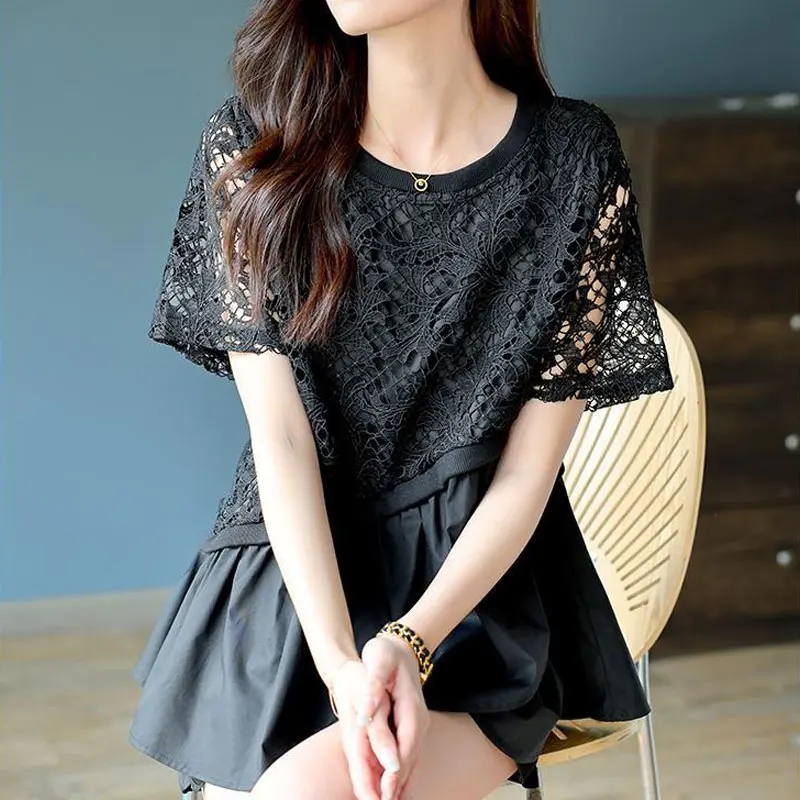 

Women's Clothing Commute Hollow Out Blouse Summer New Sweet Solid Color Patchwork Stylish Asymmetrical Casual O-Neck Loose Shirt