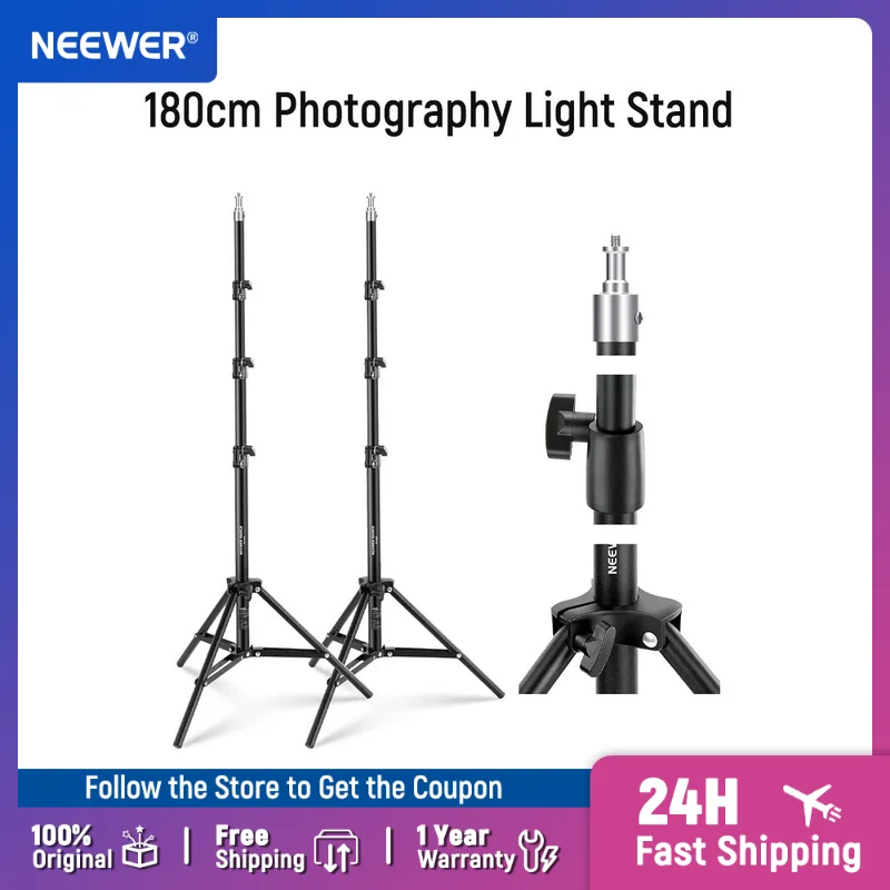 NEEWER Basics - Soporte de Luz para Fotografía de 6 pies/180 cm, Paquete de 2, Trípode Metálico Plegable de 4 Secciones para Cámara, Anillo de Luz, Accesorios