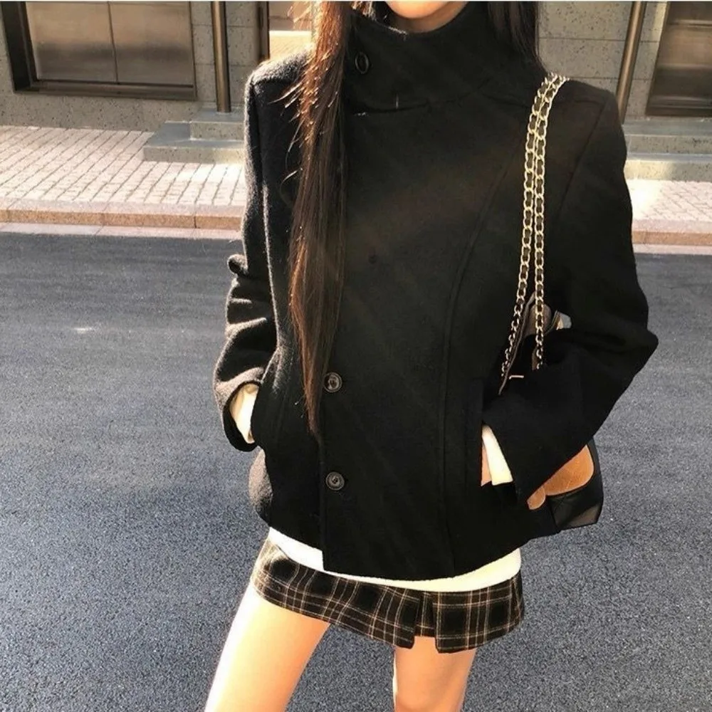Hip-Hop Einfarbiger Dicker Mantel Stehkragen Asymmetrische Knopfleiste Cardigan Mantel Slim Fit Jacken Street Style – Detail 11