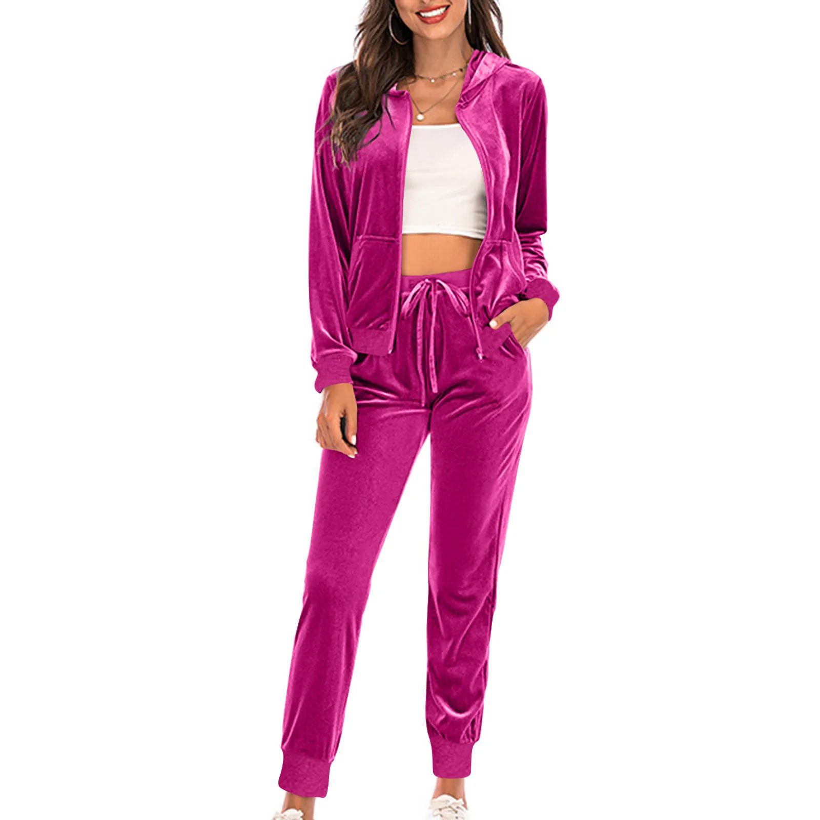 2025 الخريف المخملية رياضية المرأة 2 قطعة البلوز Sweatpants مجموعة كاملة البريدي هوديي Sweatsuit مع جيوب ملابس رياضية كاجوال #3