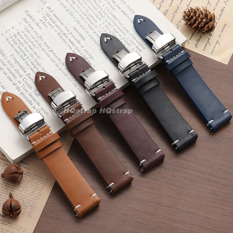 レザー時計バンド 18mm 20mm 22mm 牛革ストラップ バタフライバックル クイックリリースブレスレット セイコー用 ロレックス用 オメガ用 リストバンド