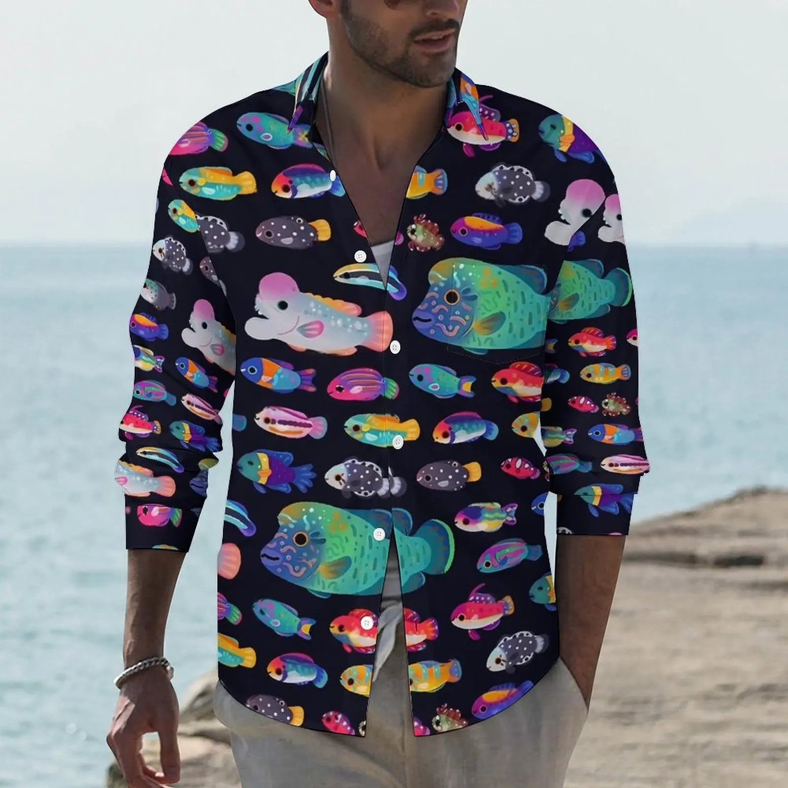 

Tropical Marine Shirt Male Colorful Fishs Print Casual Shirts Autumn Streetwear Blouses Long Sleeve Trending Oversized Tops