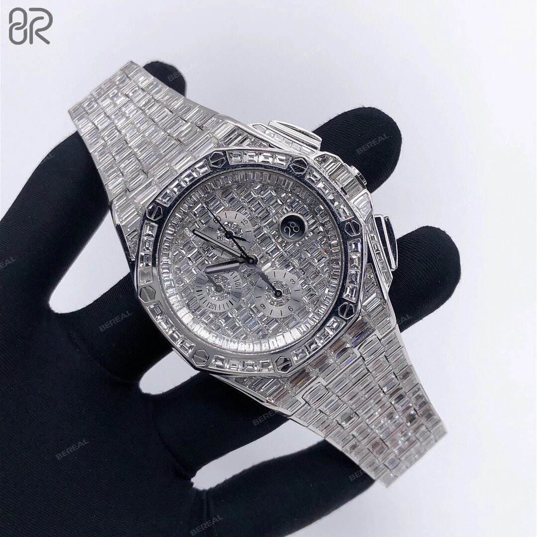 

Custom VVS Moissanite Mechanical Watch by Diamond Tester Baguette 925 Silver Gold Plated Chilled Luxury Boutique Jewelry
