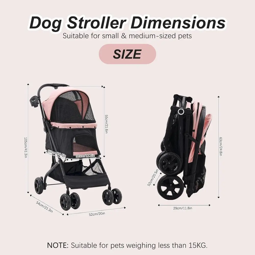 عربة أطفال للحيوانات الأليفة قابلة للطي بأربعة عجلات للكلاب والقطط بوزن 10-36 رطل مع مساحة تخزين، وحامل أكواب، شبكي، لجميع المواسم - وردي #2