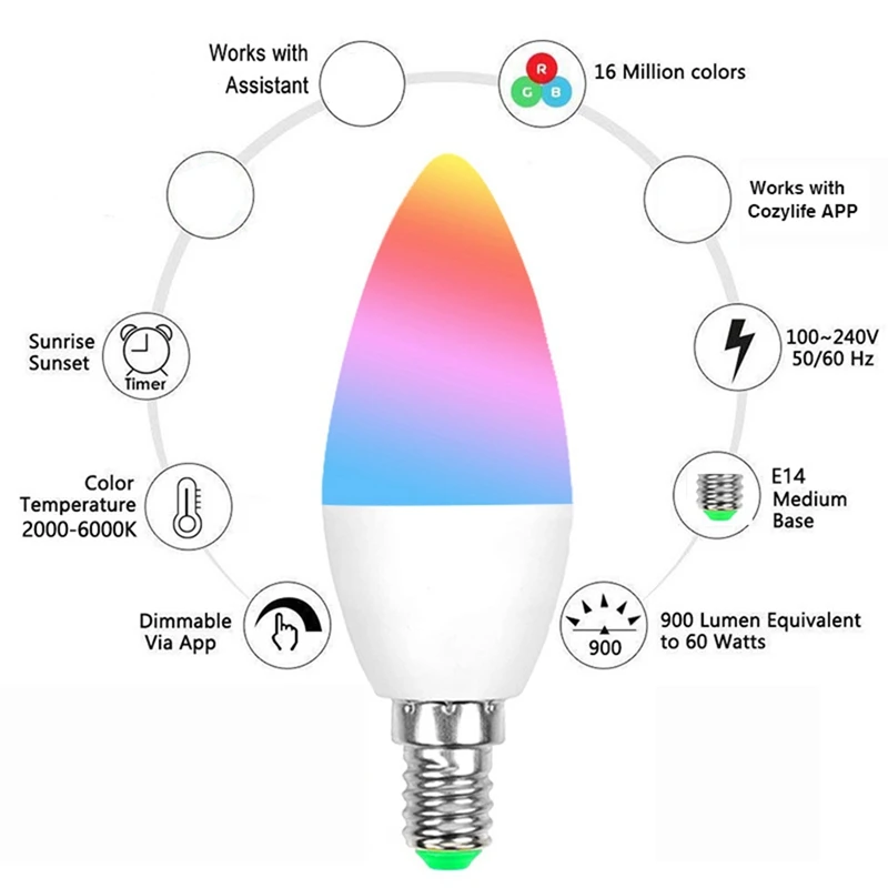 Smart Candle Light WIFI Remote Control Remote Support Alexa Voice RGBCW Wireless Table Lamp E14 Spike Bulb