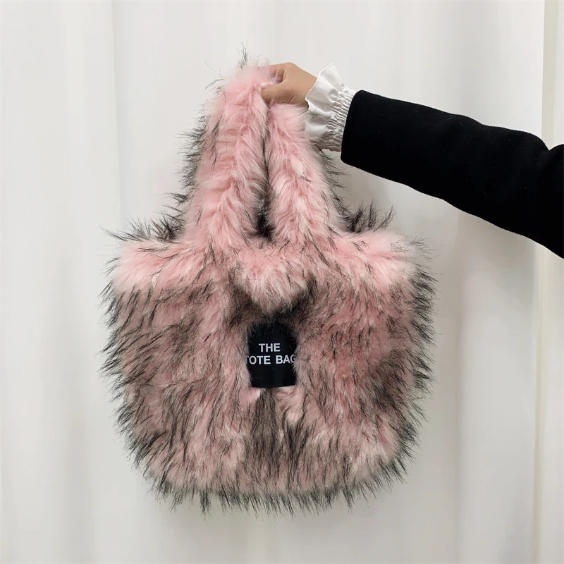 2023 Designer Faux Fur Tote Bag for Women Luxury Handbags Autumn Winter Plush Shoulder Crossbody Bags Brand Shopper Purses Y2K