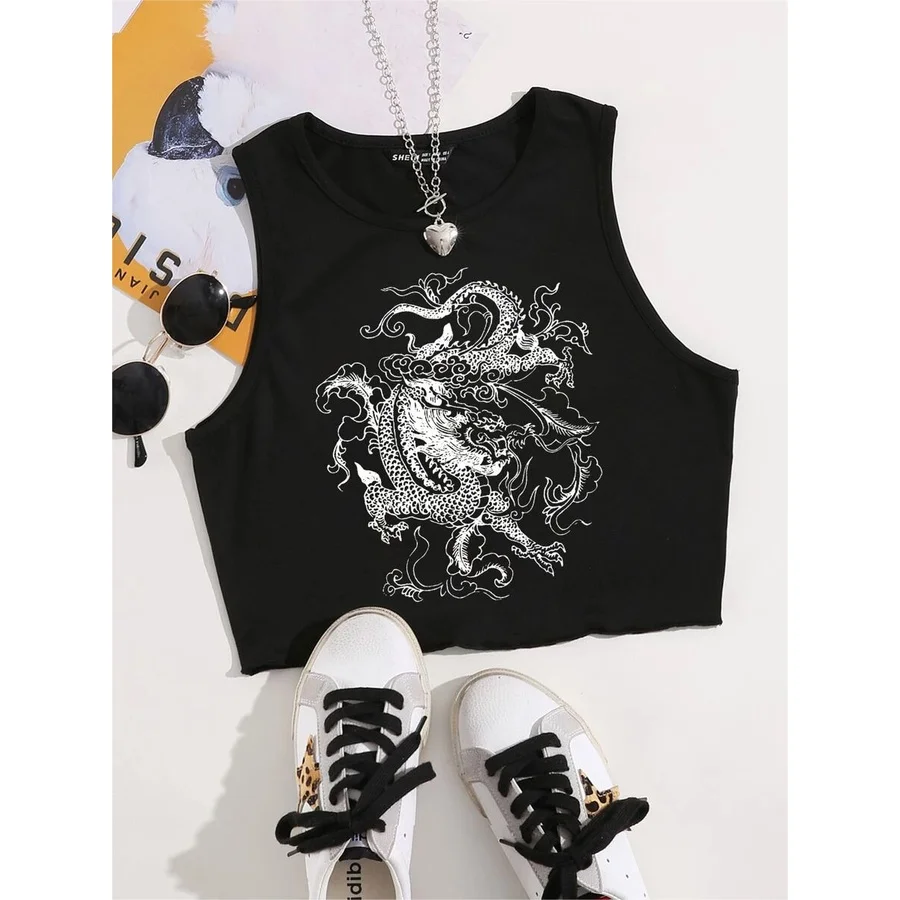 Printcess Women's Y2K Cool Sleeveless Round Neck Tank Chinese Dragon Lettuce Trim Vest Print Short Vest Tee Cool Street Fashion