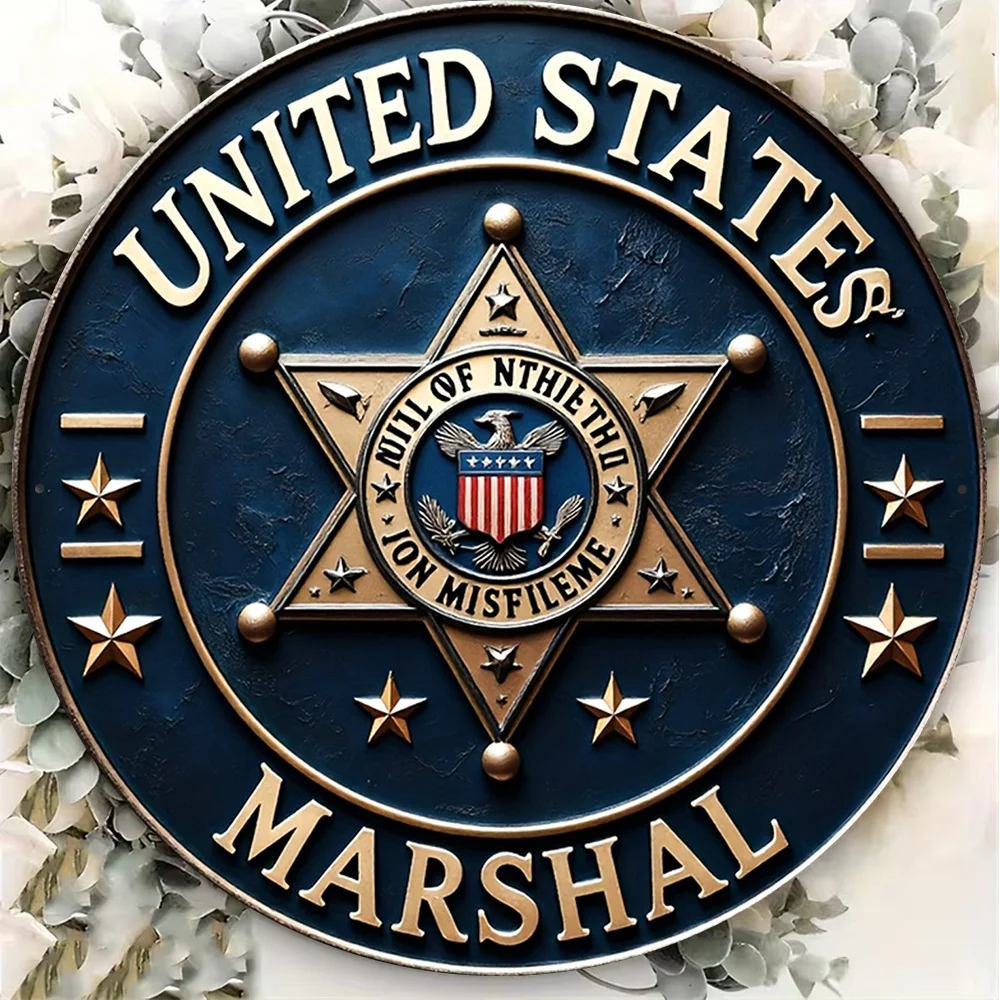 2D Flat Vintage US Marshals Badge Round Sign 20×20cm, Multipurpose Wall Plaque for Home Bar Office Decoration & Present.