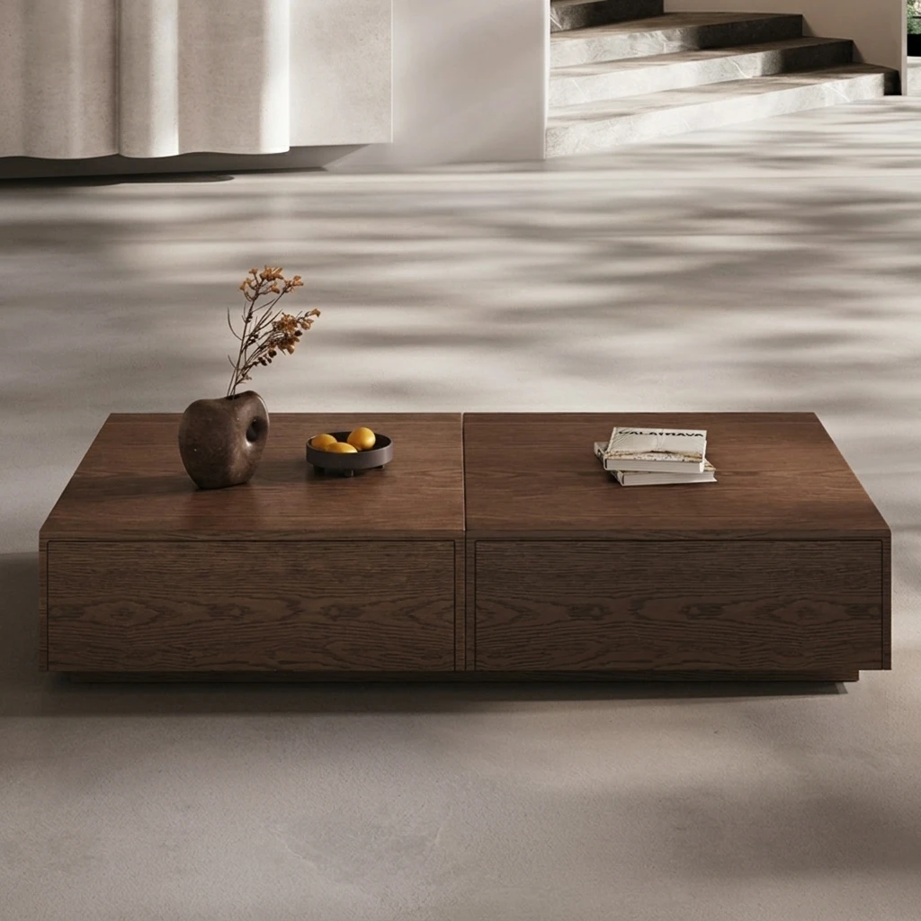 Midcentury Solid Pine Wood Large Brown Rectangle Coffee Table With 4 Drawers Living Room Furniture
