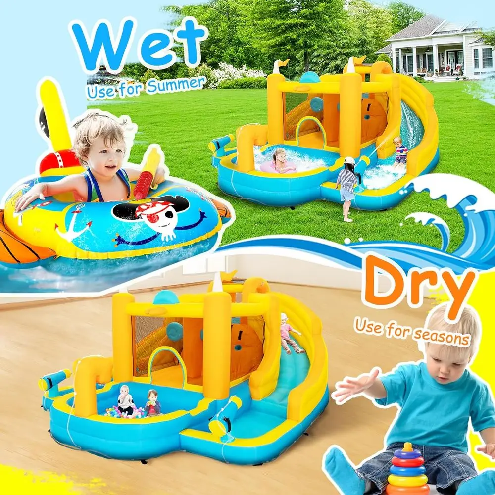 สไลเดอร์น้ำเป่าลมขนาดใหญ่พิเศษ 15x13 ฟุต พร้อมสไลเดอร์คู่, เครื่องเป่าลม 750 วัตต์, ผนังปีนป่าย, สระน้ำเล่นน้ำ, ขอบสระแบบตะกร้า