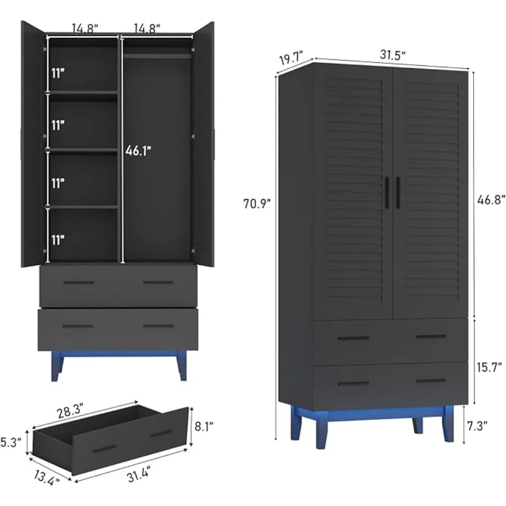 Armoire Wardrobe with Drawers and LED Lights, Multi-Tier Shelves, Hanging Rod & Louver Doors, Large Capacity Wardrobe