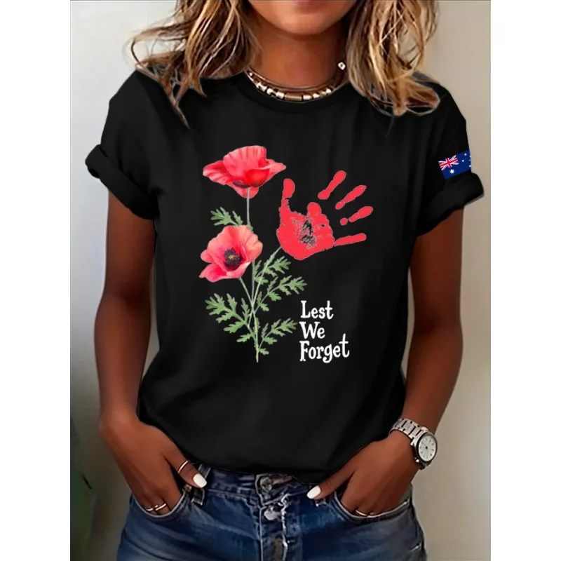New Arrival Women's Anzac Day Commemorative Lest We Forget Print T-Shirts Summer Casual Short Sleeve Tops
