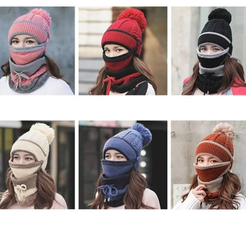 Fashion Autumn Winter Women's Hat Caps Knitted Warm Scarf Windproof Multi Functional Hat Scarf Set Clothing Accessories 3pcs/set