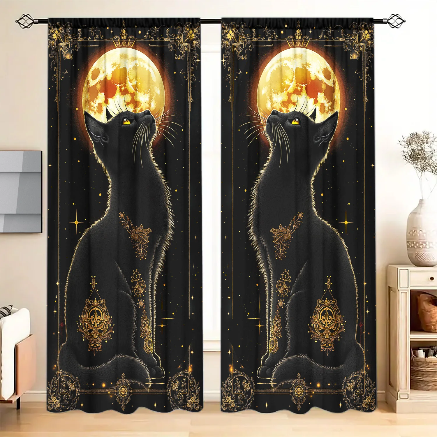 Black Cat Full Moon Gothic Curtain Panel Aesthetic Witchy Style Window Drapery Luxury Celestial Tarot Moonlit Bedroom Decor
