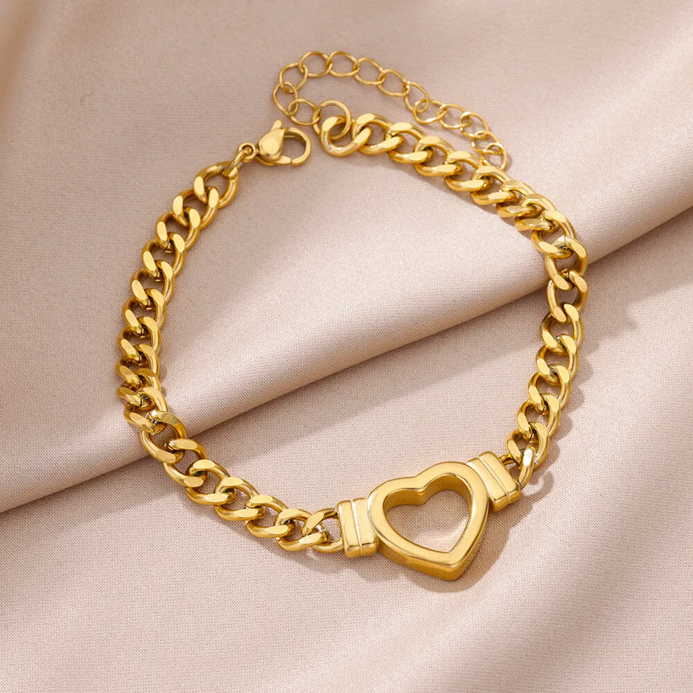 Tobilleras de corazón ahuecado de acero inoxidable para mujer, cadenas de Color dorado, joyería para mujer, regalos, un conjunto de pulseras y tobillos