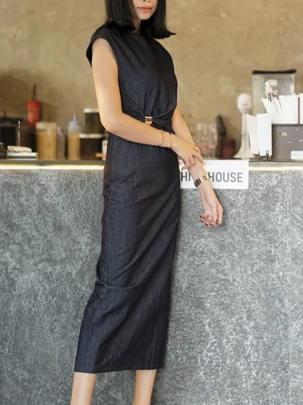 Women's Vintage Denim Midi Dress Sleeveless Metallic Decoration Dress New Fashion High Street Festival Elegant Dress