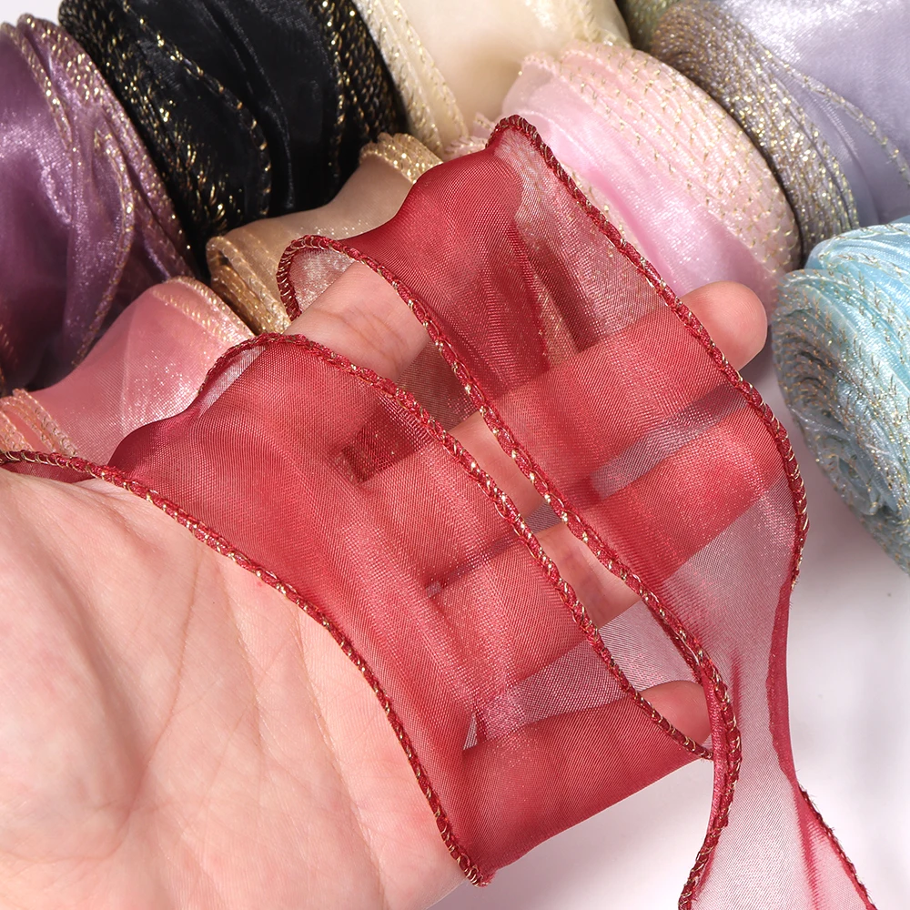10Yards Polyester Fishtail Organza Ribbon Gold Edge Bow Ornament Gift Wrapping Decoration Wedding Garment Sewing Accessories