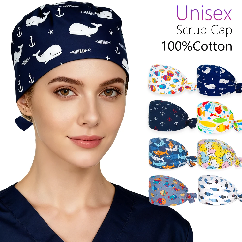 New Surgical Scrub Cap Cotton Fish Printed Women men Nurse Hat Operating Room Surgery Hasts Dental Anesthesia Work Surgeon Caps