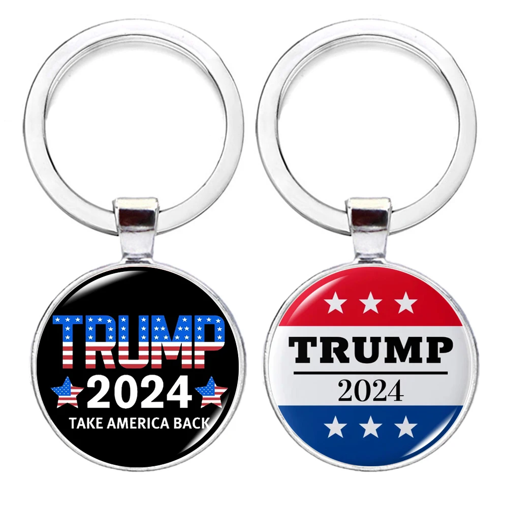 Hot Sale 2024 Keychain Never Stop Fighting Glass Cabochon Pendant Keep America Great Again Flag Keyring Gift