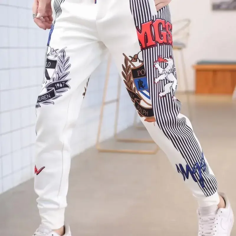 

High-quality Men's New Casual Sports Pants Korean Fashion Printing British Style Striped Lace-up Plus Size Small Feet Pants