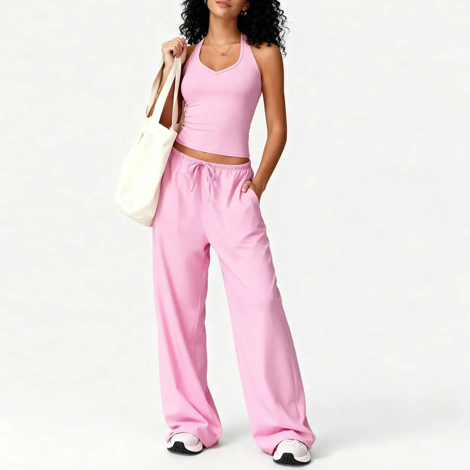 

Women Gym Sets V Neck Vest Loose Trousers Suits Sports Workout Athletic Yoga Pants Training Casual 2 Pecs Tracksuits