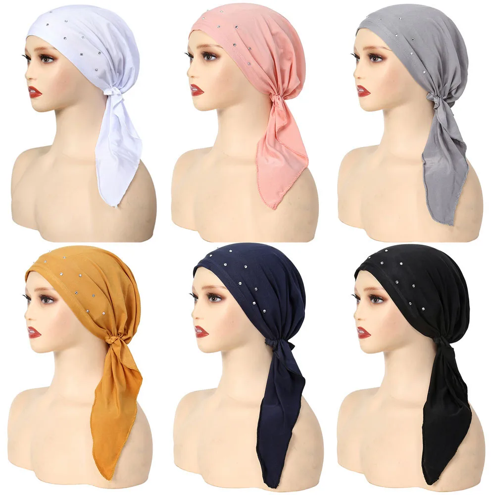 

Muslim Inner Hijab Turban Women Pre-Tied Long Tail Headscarf Wrap Chemo Cap Beanies Bonnet Head Scarf Stretch Headwear Hat Mujer