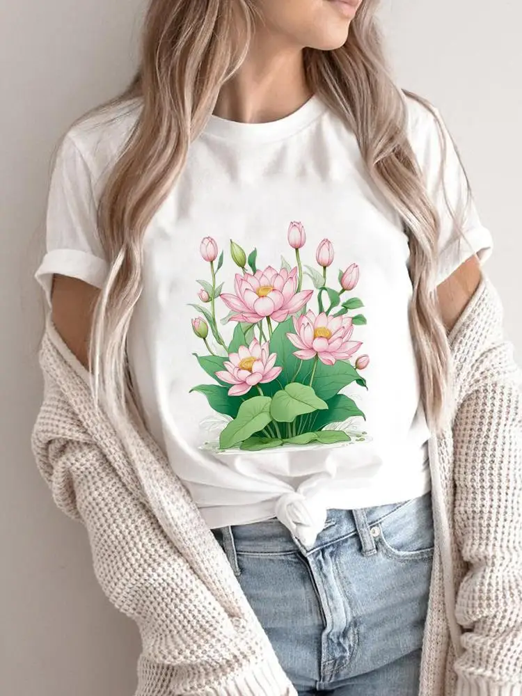 

Модная женская футболка с коротким рукавом и милым цветочным принтом, стильный графический топ для женщин