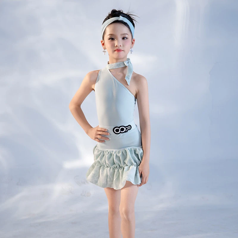 

Новинка 2026 года: Комплект для латиноамериканских танцев для девочек – синяя юбка-бутон на бретелях, платье для ча-ча-ча, румбы, танго, детская одежда для латиноамериканских танцев XH4275