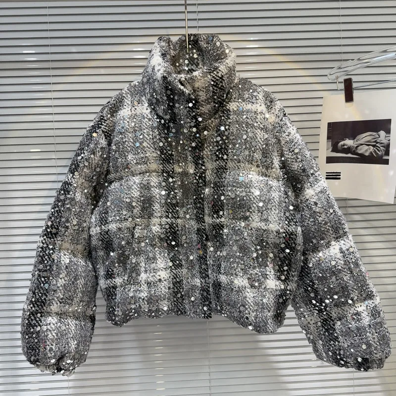 DEAT Women's Coats Stand Collar Tweed Grey Sequins Thick Zipper Warm Cotton-padded Jackets 2025 New Fashion Spring 29L8876