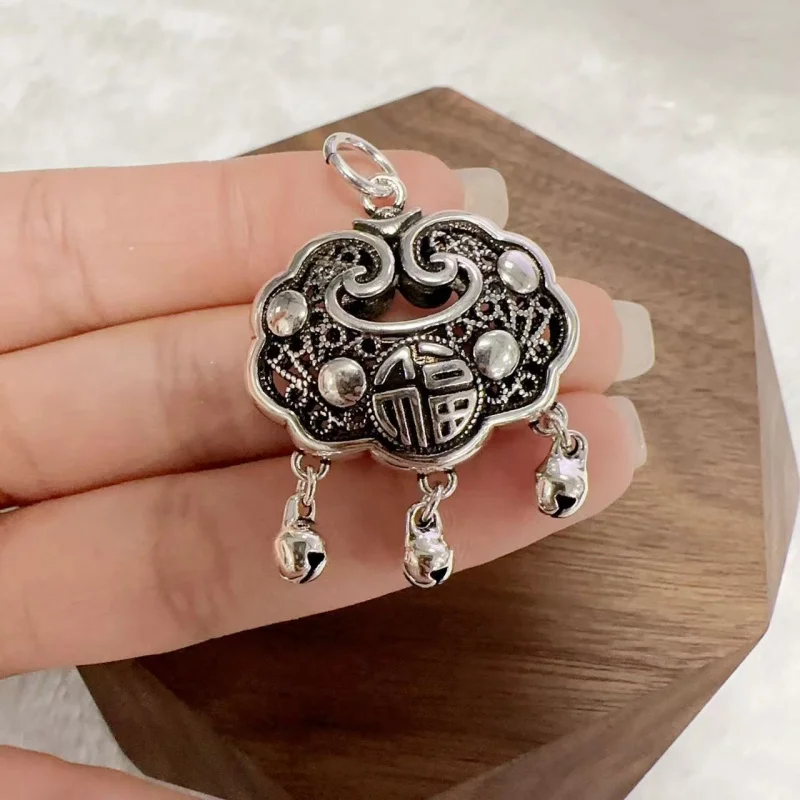 999 Sterling Silver Fu Longevity Lock Necklace Vintage  Solid Silver Pendant Baby Safety Lock Adult Locket
