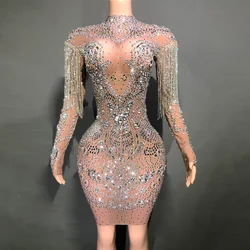 Sparkly Silver Rhinestones Chains Mesh Short Dress for Women Sexy Evening Party Celebrate Birthday Dress Show Photo Shoot Wear