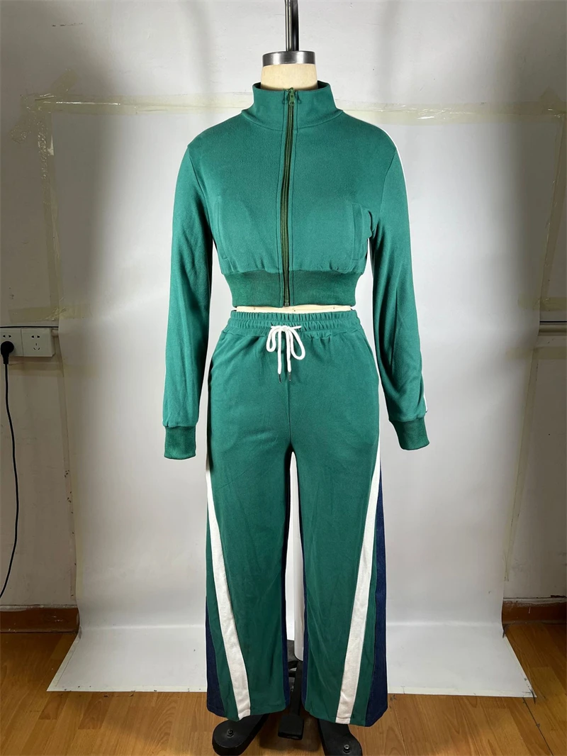Streetwear Colorblock 2 Piece Sets Women Outfit Fall Clothes 2025 Women Zip Top Denim Patchwork Pant Sets Casual Tracksuits Set