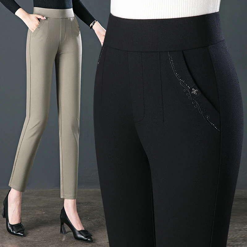 2024 autumn new women's casual pants for middle-aged and elderly mothers elastic high waisted cropped pants khaki women's pants