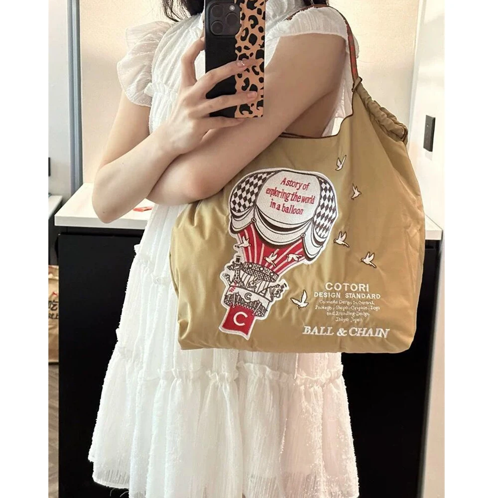 Fire Balloon Embroidery Eco Bag Designer Hot Air Balloon Women Shoulder Bag Ball Rope Handle Handbags Large Nylon Shopper Purses