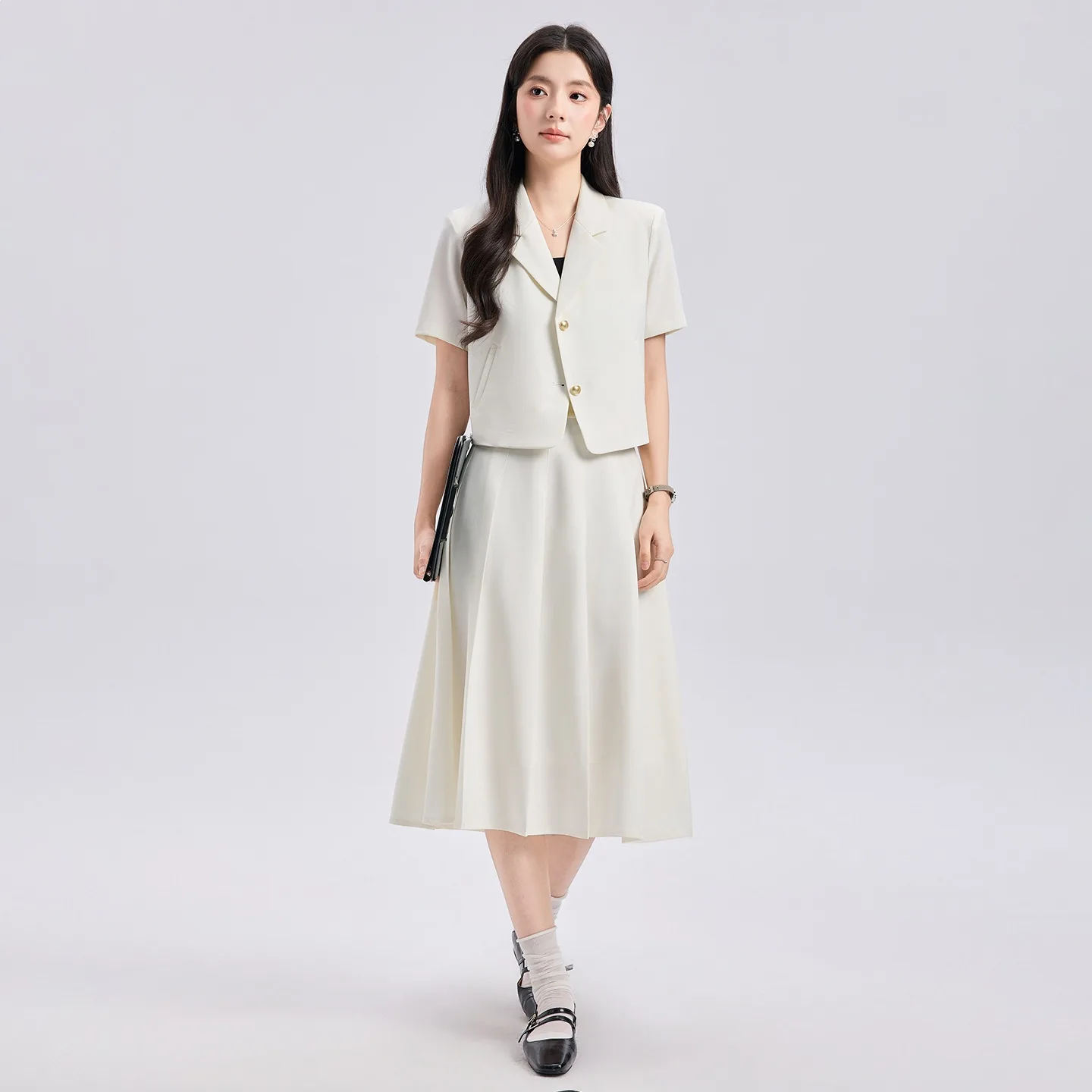 Summer Short Sleeve Slim Fit Short Coat Women's Skirt Set Casual Style Three-Quarter Length Lapel Jacket Elegant Commute Wear