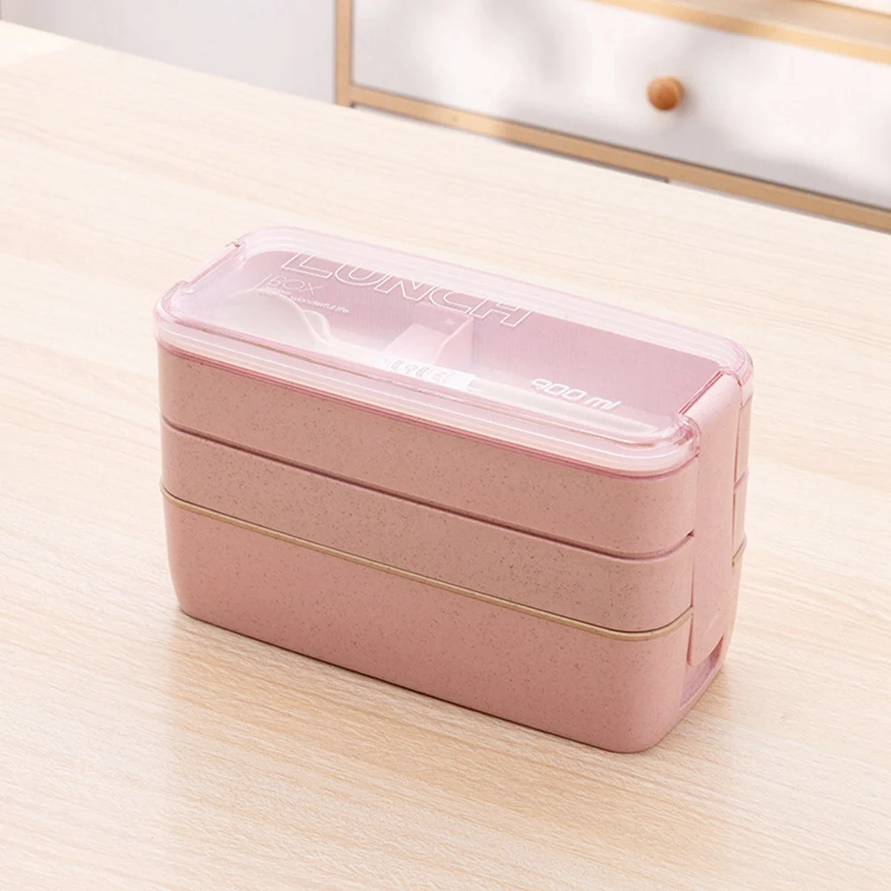 Portable Bento Box, 3-Layers Lunch Box, 900ML Wheat Straw Dinnerware Food Storage Container Beige