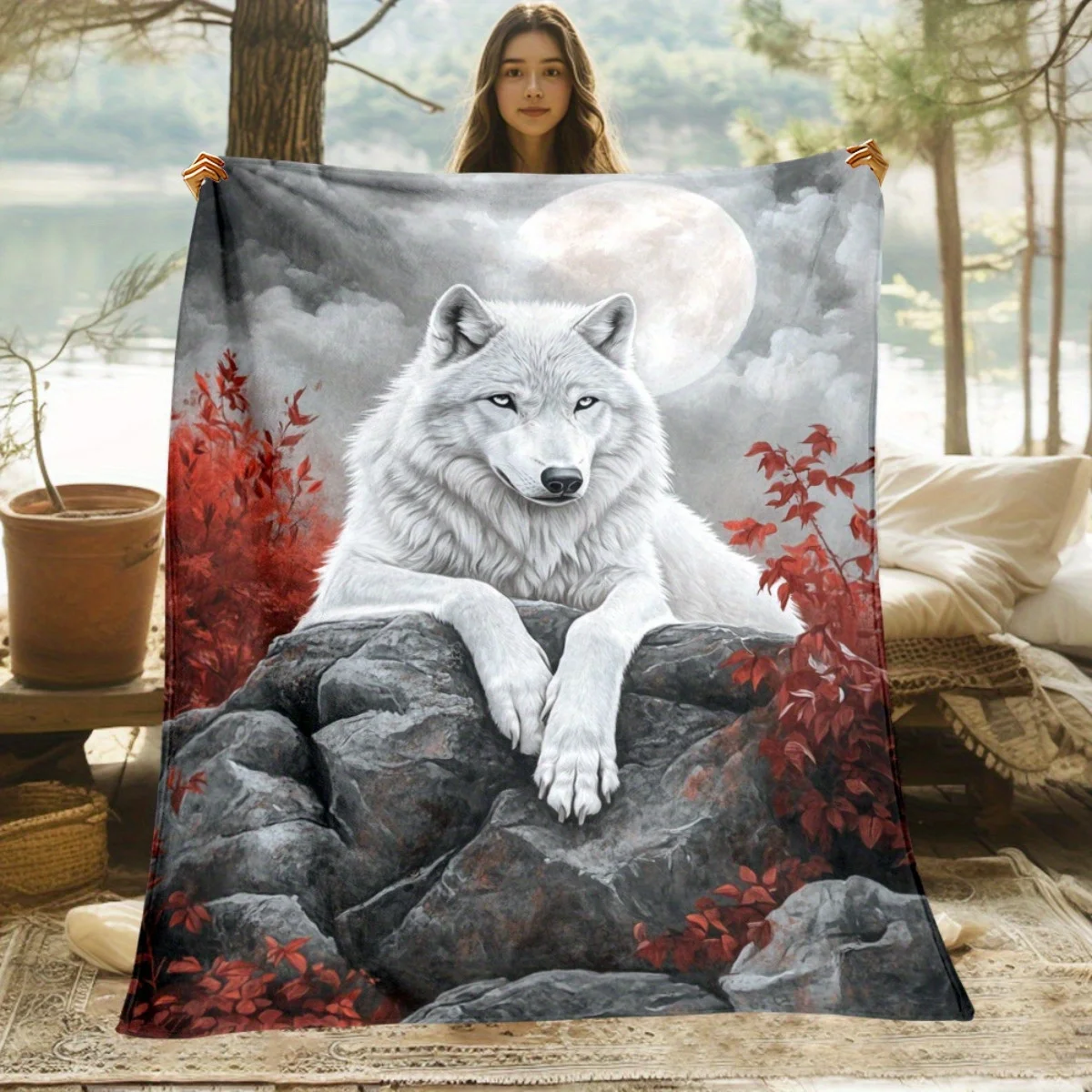 

Wolf Under Full Moon in Snow Blanket - Lightweight Flannel Throw with Majestic White Wolf & Red Foliage Digital Print, Soft Warm