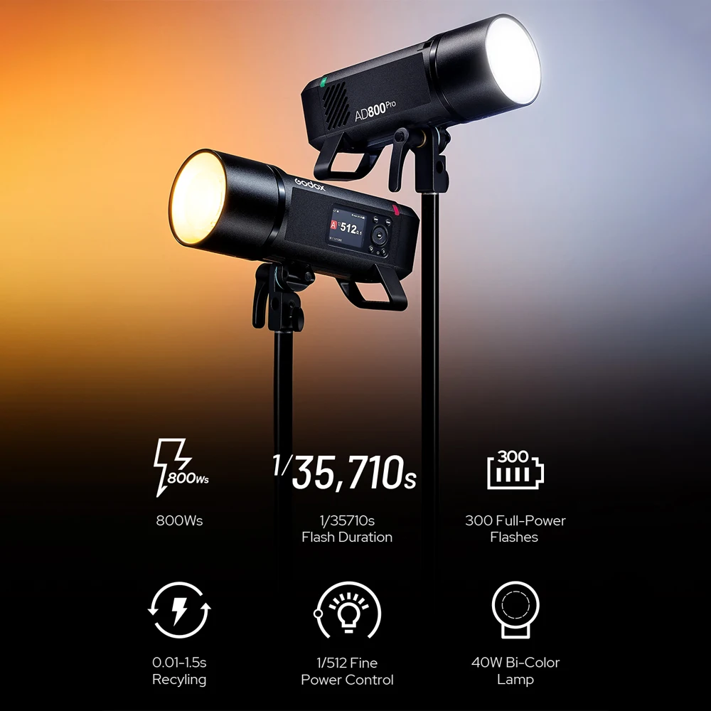 Godox AD800Pro 800Ws Flash, supporting 300 full-power flashes with TTL wireless control, suitable for diverse shooting scenarios
