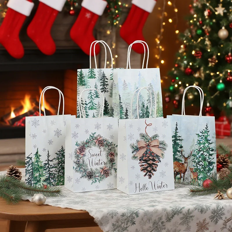 6/12/18 stücke Weihnachten Geschenk Taschen Elch Wald Weihnachten Baum Kraft Papier Süßigkeiten Geschenk Verpackung Tasche mit griff Neue Jahr Party Decor Versorgung – Detail 1