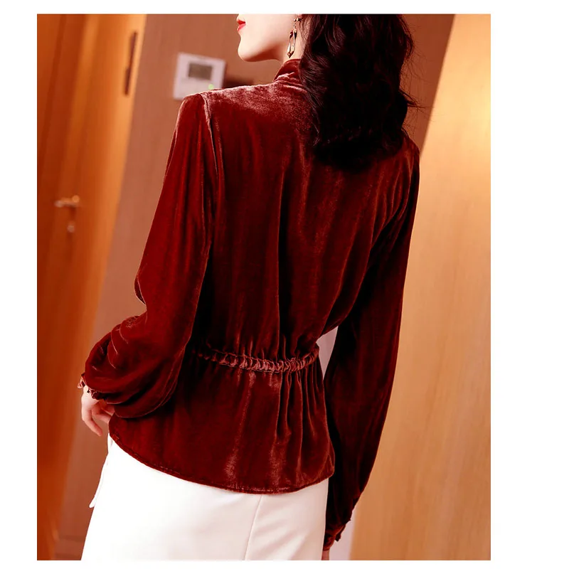 Fengbaoyu Silk Velvet Spring Autumn Lady Chinese Style Long Sleeves Vintage Fashion Vertical Collar Shirt Elegant Free Shipping