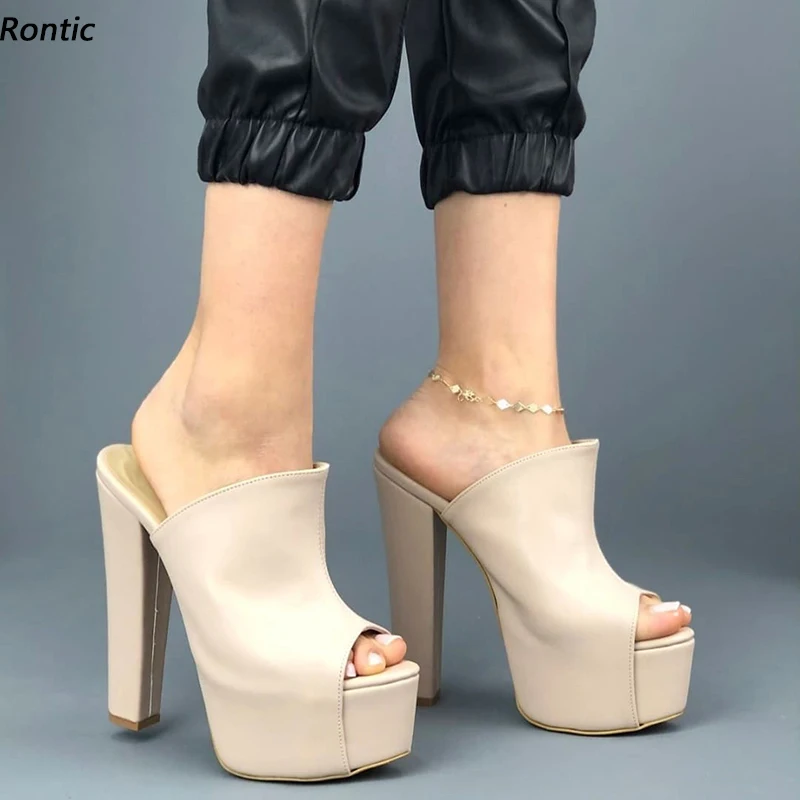 Rontic Handmade Women Platform Slingback Sandals Stable Block Heels Peep Toe Pretty Beige White Pink Party Shoes US Size 5-20
