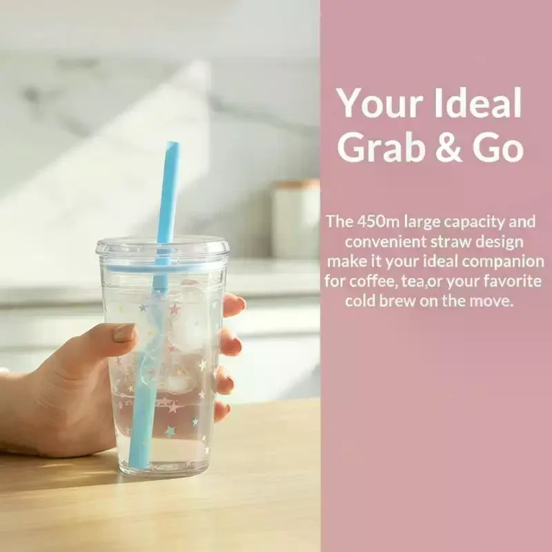 450ml Plastic Straw Cup Tea Coffee Milk Simple Straws Sweet Cute Star Cup Friend Gifts