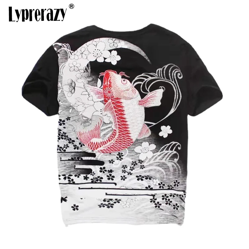 

Lyprerazy Harajuku Chinese Style Koi Fish Embroidery Men's T-shirt Summer Retro Casual Short-sleeved Top Tees