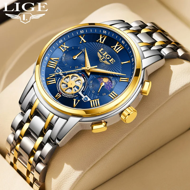 

LIGE Fashion Luxury Business Quartz Watches 24Hours Moon Phase Stainless Steel Band Watch for Men Waterproof Luminous Man Clocks