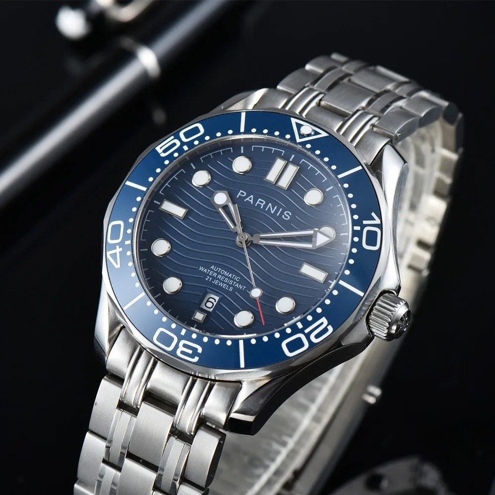 Parnis 42mm Blue Rotating Bezel Automatic Mechanical Men\'s Watch Miyota 8215 Movement Wristwatch