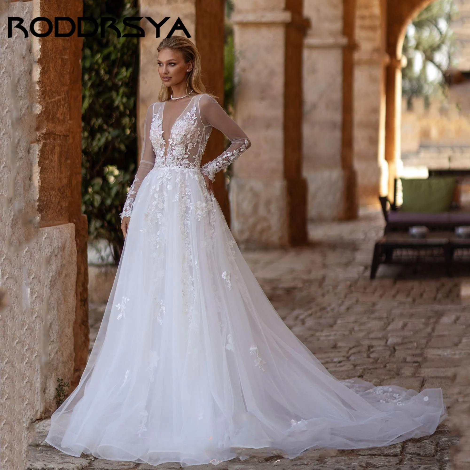 JEHETH Sexy Illusion A-line Abito da sposa Maniche lunghe Scollo a V Tulle Appliques Abiti da sposa Backless abiti da sposa Personalizzato