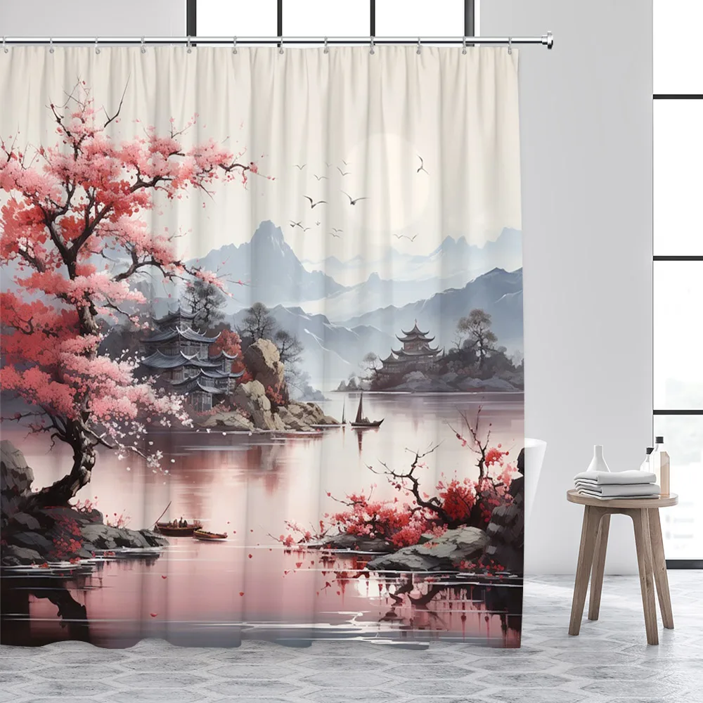 Ink Landscape Shower Curtain Abstract Mountain Water Red Floral Birds Chinese Style Bath Curtains Home Bathroom Decor with Hooks