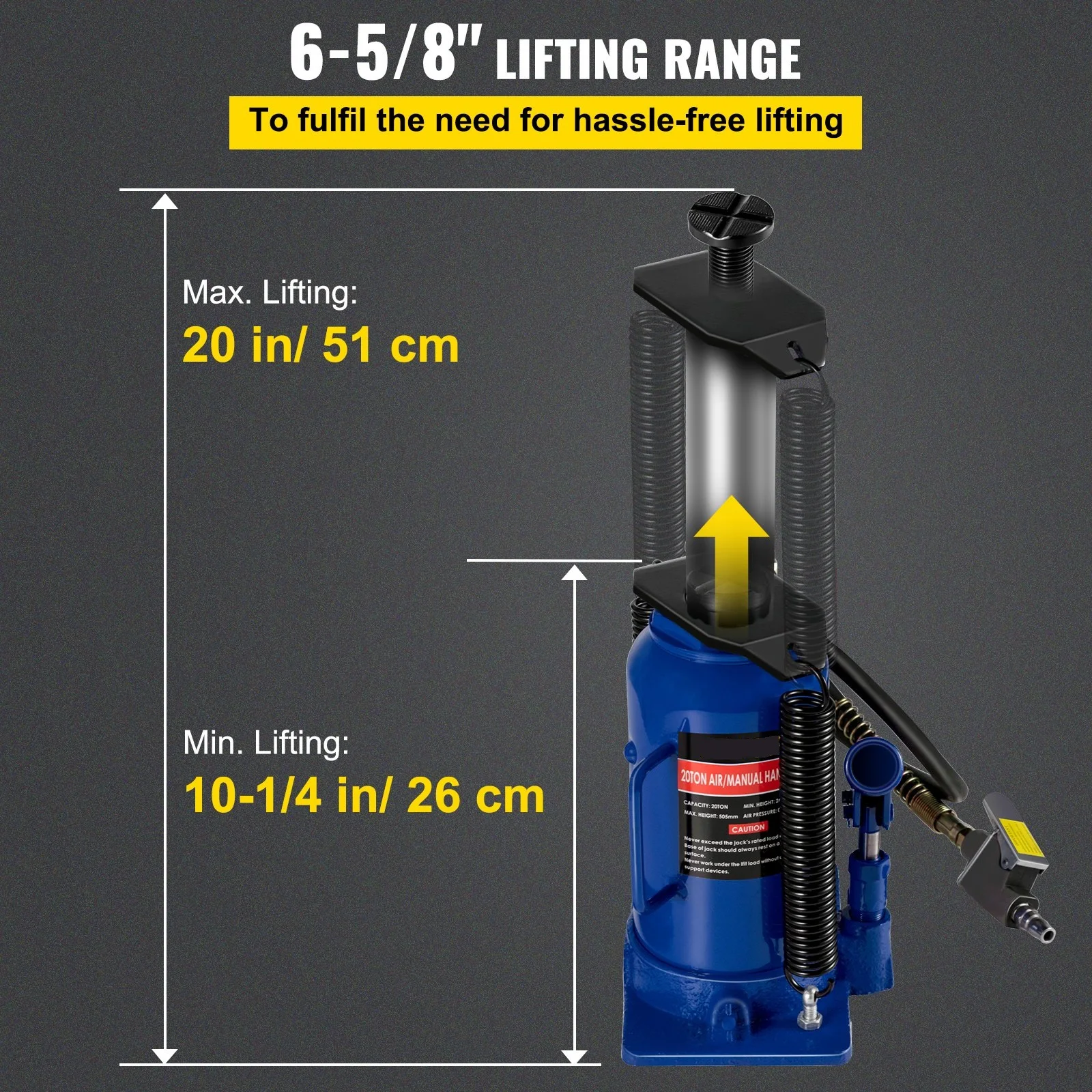 20 Ton 4Ft Air Hydraulic Bottle Car Jack Tool for Lifting Farm Vehicles Heavy-Duty Machinery Industrial Equipment Repair